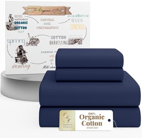 SUPREME ELEGANCE 100% Organic Cotton Queen Size Bed Sheet Set, Dark Blue