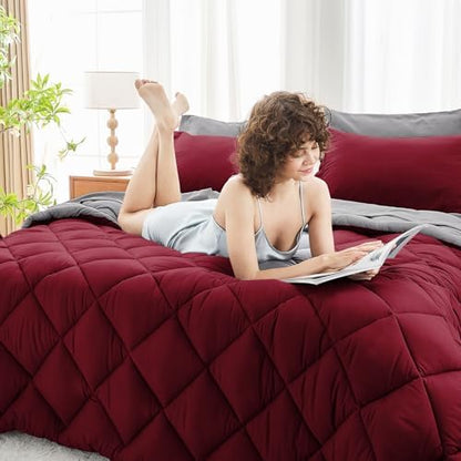 MUXHOMO 7 Pieces Oversized Queen Comforter Set, Reversible Bed in a Bag Oversized Queen Size, All Season Bedding Set with Comforter, Flat Sheet, Fitted Sheet, Pillowcases & Shams, Burgundy & Grey