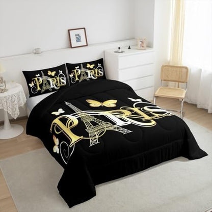 Feelyou Eiffel Tower Comforter Chic Paris Bedding Set for Kids Boys Girls Butterfly Paris Cityscape Printed Comforter Set Modern French Duvet Set Golden Black Decor Quilt King Size Boys