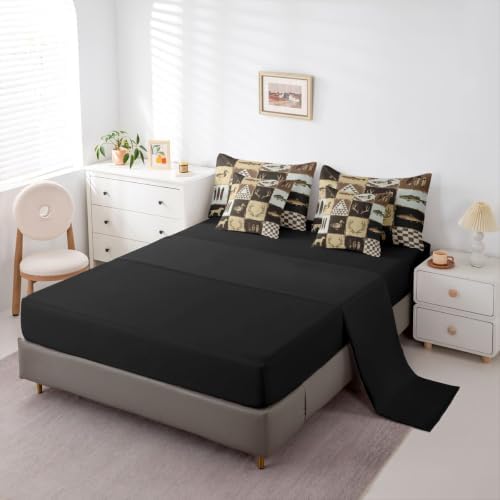 Feelyou Rustic Cabin Country Queen Comforter Set with Sheets for Kids Boys Girls Deer Hunting 7 Pieces Bedding Set Checkered Vintage Bed in a Bag Room Decor Soft Lightweight Microfiber