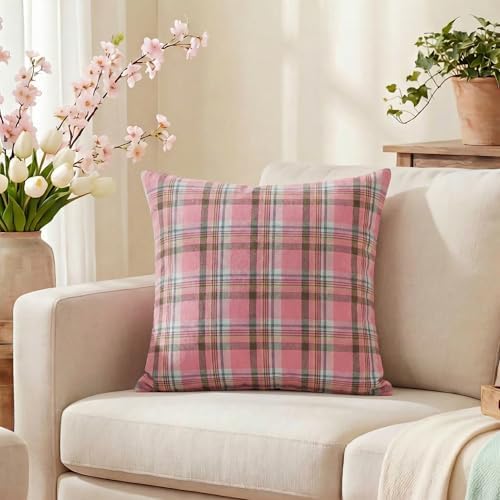 AVOIN colorlife Spring Summer Pink Brown Plaid Decorative Throw Pillow Covers, 18 x 18 Inch Holiday Scottish Tartan Cushion Case Farmhouse Decoration for Sofa Couch Set of 2
