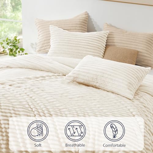 EXQ Home Fluffy Comforter Set Queen Size,3 Pieces Bed Set,Cream White