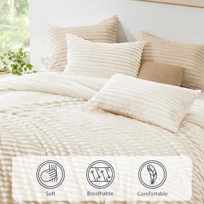 EXQ Home Fluffy Comforter Set Queen Size,3 Pieces Bed Set,Cream White