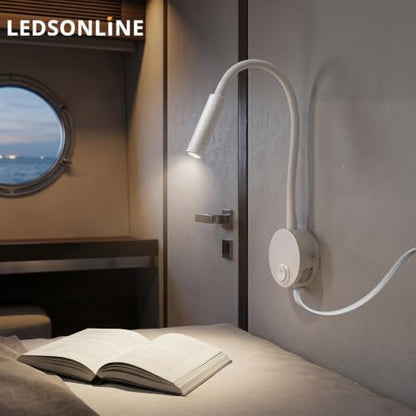 2-Pack Bed Reading Light Wall Mount Lamp, Flexible Neck Reading Lamps, Warm White 3000K Spot Light for Hotel, Marine, Yacht, Bunk Bed 4.92ft Cord Plug-in (White)