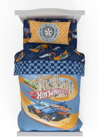 Hot Wheels Race Track 4 Piece Toddler Bed Set – Super Soft & Cozy Reversible Microfiber Comforter and Sheets (Officially Licensed Product) by Franco