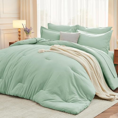 MUXHOMO 7 Pieces King Comforter Set, Soft Bed in a Bag King Size, All Season Bedding Set with Comforter, Flat Sheet, Fitted Sheet, Pillowcases & Shams, Sage Green