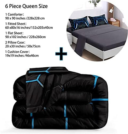 BDUCOK 6 Piece Gamer Comforter Sets Bed in A Bag for Boys Teen Kids,Honeycomb Gaming Bedding Sets Gamepad Comforter Microfiber Bed Set for All Season Gamer Home Decor(Blue, 6 Piece Sets30022-Queen)