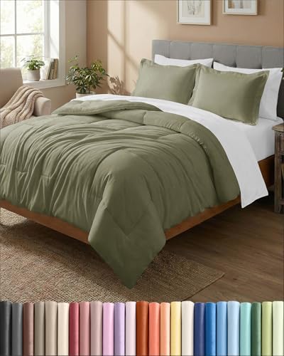 Queen Comforter Set - Sage Green Bedding for All Seasons - 3 Piece Bed Set