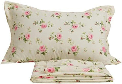 FADFAY California King Floral Sheets 100% Cotton Rosette Print Bed Sheet Set Shabby Vintage Rose Bedding Soft Breathable Light Yellow Luxury Deep Pocket Sheets 4Pcs, Cal King