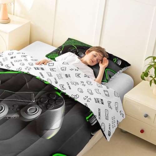 Feelyou Gamer Comforter Set All Season Gaming Bedding Set with 2 Pillow Cases Game Room Decor Microfiber Kids Full Bedclothes Gamepad Bedroom Decor Green Duvet Quilt Breathable Soft Lightweight