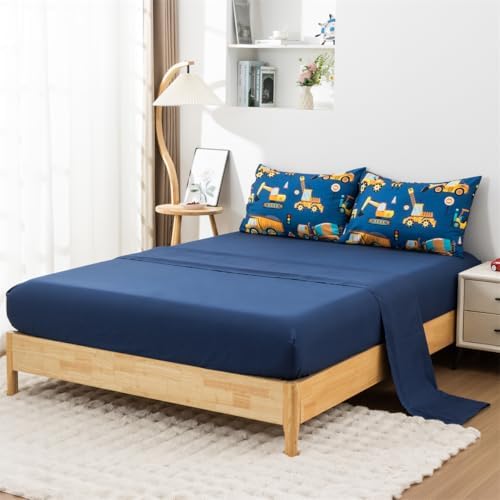 NTBED 5 Pieces Construction Truck Twin Comforter Set for Boys Kids Bed in a Bag Vehicles Excavator Lightweight Microfiber Bedding Sets,Blue