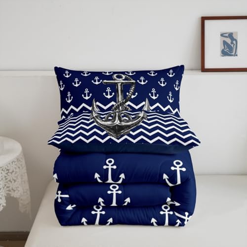 Nautical Anchor Comforter Set Queen Size Navy Blue White Geometric Stripes Bedding Set 3Pcs Kids Boys Teens Room Decor Abstract Ocean Waves Quilt Set Sea Adventure Duvet Insert,2 Pillowcases