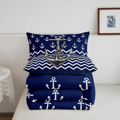 Nautical Anchor Comforter Set Queen Size Navy Blue White Geometric Stripes Bedding Set 3Pcs Kids Boys Teens Room Decor Abstract Ocean Waves Quilt Set Sea Adventure Duvet Insert,2 Pillowcases