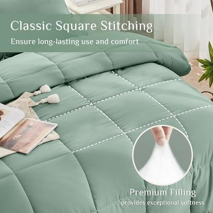 JOLLYVOGUE Queen Comforter Set, Ultra-Soft Bed in a Bag Queen Size 7 Pieces, Oeko-TEX Certified Bedding Set with Down Alternative Comforter, Sheets, Pillowcases & Shams, Sage Green