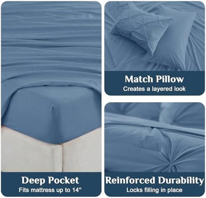 JOLLYVOGUE Twin XL Comforter Set 5 Pieces - Bed in a Bag Twin XL for All Season, Pintuck Bedding Comforter Sets with Comforter, Flat Sheet, Fitted Sheet and Pillowcases & Shams, Slate Blue