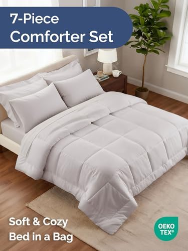 King Comforter Set - 7 Piece Bed in a Bag King Size Bed Set - Light Grey