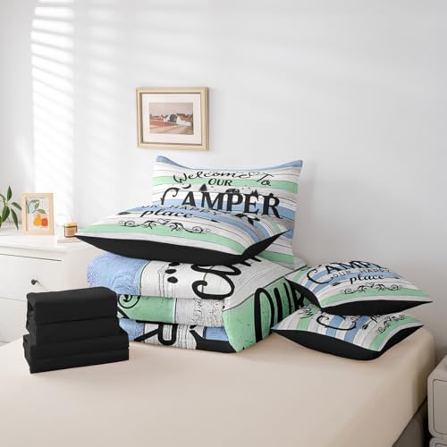 Erosebridal Kids Camping 7 Piece Comforter Set Twin,Rustic Farmhouse Old Barn Door Bed in a Bag with Flat Sheet and Fitted Sheet,Woodland Camper Car Vintage Bedding Set with Pillowcase and Case