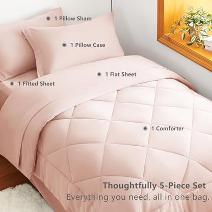 CozyLux Twin Comforter Set 68"x88" Blush Pink - 5 Piece Bed in a Bag