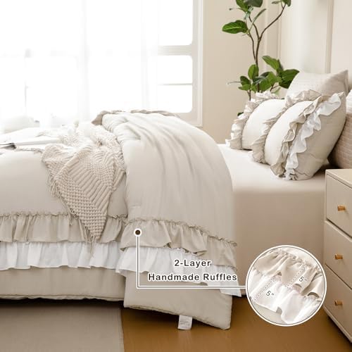 Masaca Ruffled Comforter Set Queen,Farmhouse Shabby Boho Chic Bedding Wheat and White Ruffle Comforter Vintage Rustic French Country Elegant Bedding Set 3PCS