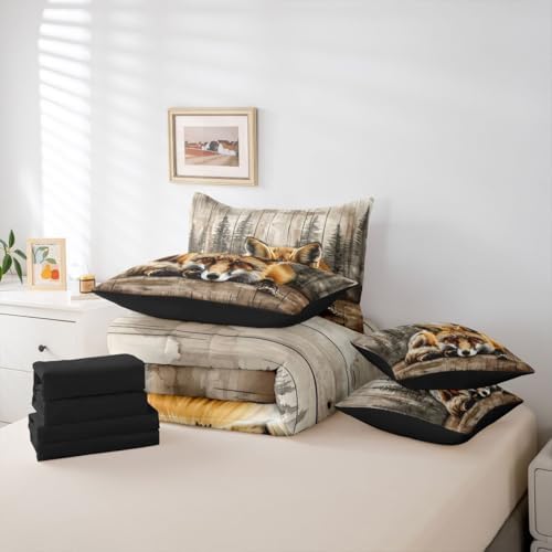 Erosebridal Fox Hunting Bed in A Bag 7 Pcs Jungle Wildlife Comforter Set for Women Men Natural Woodland Animals Bedding Sets King Rustic Country Pine Trees Sheet Set with Comforter
