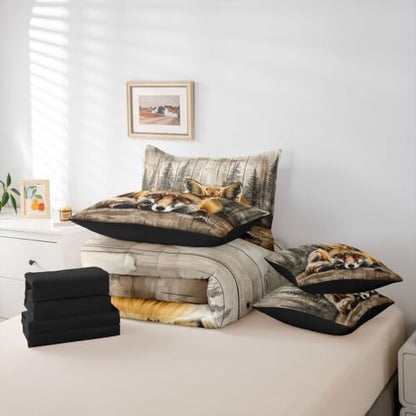Erosebridal Fox Hunting Bed in A Bag 7 Pcs Jungle Wildlife Comforter Set for Women Men Natural Woodland Animals Bedding Sets King Rustic Country Pine Trees Sheet Set with Comforter