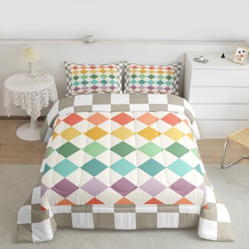Checkered Geometric Bedding Set for Boys Girls Green Yellow Beige Brown Plaid Comforter Set King Size Checkerboard Modern Aesthetic Duvet Quilt Reversible Grey Bedroom Decor 3 Pcs with 2 Pillow Cases