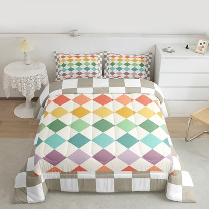 Checkered Geometric Bedding Set for Boys Girls Green Yellow Beige Brown Plaid Comforter Set King Size Checkerboard Modern Aesthetic Duvet Quilt Reversible Grey Bedroom Decor 3 Pcs with 2 Pillow Cases