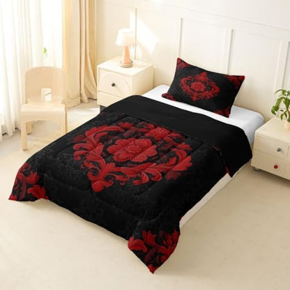 Feelyou Red Gothic Comforter Set Toddler Size Vintage Damask Boho Bedding Set for Kids Boys Girls Exotic Victorian Duvet Quilt Bedroom Decor Microfiber 2 Pcs with 1 Pillow Cases