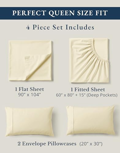LANE LINEN Queen Size Bed Sheets 100% Organic Cotton Soft 4pc - Natural