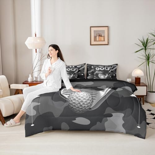 Erosebridal Golf Bedding - Sports Ball Pattern King Comforter Set with Sheets, Camo Golf Print Kids Comforter Sets for Boys Girls 7 Pieces Bed Set Bedroom Decor