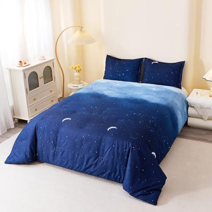 Caressma Blue Starry Sky Comforter Set Moon Galaxy Queen Size 3 Pieces