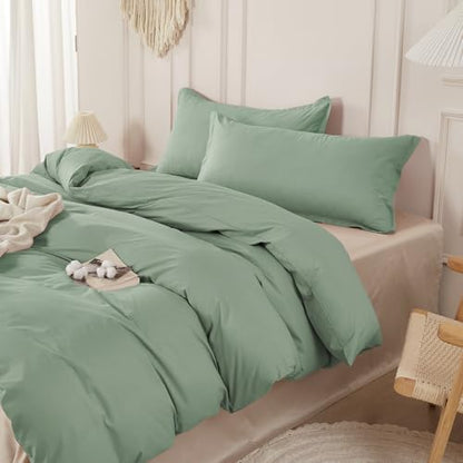 SAPHREAS 100% Washed Cotton Duvet Cover Queen Size Set, Linen Like Comforter Cover with Zipper Closure & Corner Ties (No Comforter), 90x90 Sage Green