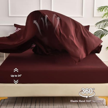 Luxudecor Burgundy Floral Comforter Set Queen Size 7 Piece, Flower Bed in a Bag, Elegant Floral Comforter with Sheet Set, Soft Microfiber Bedding Set for All Season (Burgundy, 90"x90")