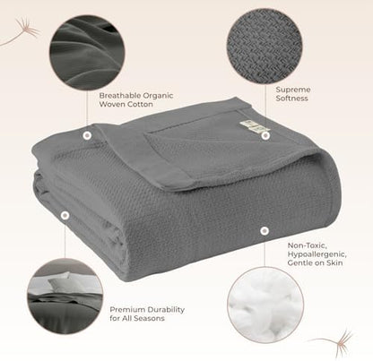 100% Organic Cotton Blanket - GOTS & Fairtrade Certified Organic Cotton Throw Blanket for Bed with a Heavy & Breathable Single Knit Weave - Great as Bedspread or Coverlet (Gray, Full/Queen)