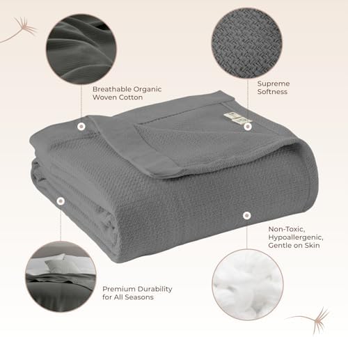 100% Organic Cotton Blanket - GOTS & Fairtrade Certified Organic Cotton Throw Blanket for Bed with a Heavy & Breathable Single Knit Weave - Great as Bedspread or Coverlet (Gray, Twin)