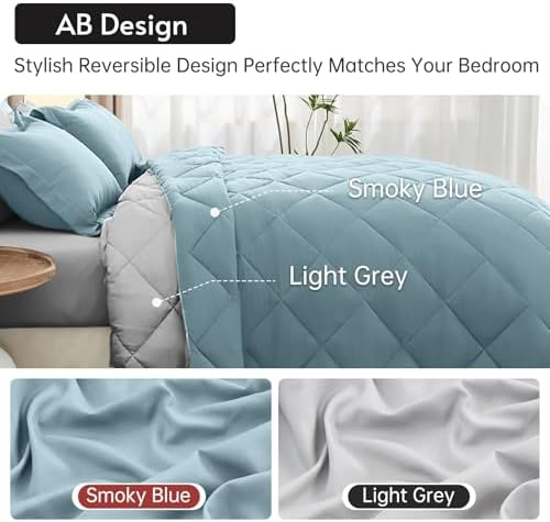 MUXHOMO 7 Pieces California King Comforter Set, Reversible Bed in a Bag Cal King Size, All Season Bedding Set with Comforter, Flat Sheet, Fitted Sheet, Pillowcases & Shams, Greyish Blue & Light Grey