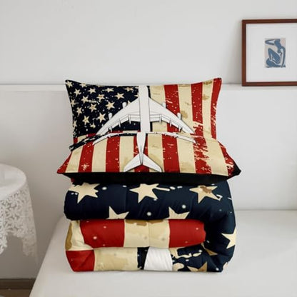Erosebridal American Flag Airplane Bedding Set Full Military Airplane Comforter Set for Kids Boys Girls Vintage Patriotic Down Comforter Fighter Plane Quilt Duvet