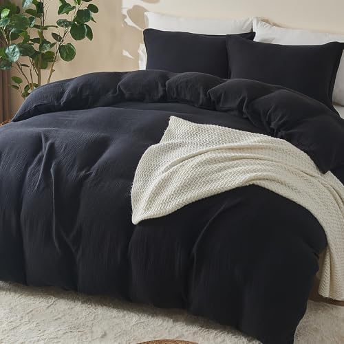 EMME Muslin Cotton Duvet Cover Set Linen Like Black King