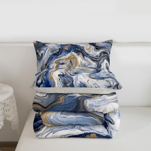 jejeloiu Blue Gray Gold Marble Bedding Set Soft for Boys Girls, Modern Marble Aesthetic Comforter Set King Size Retro Watercolor Duvet Quilt Abstract Texture Bedroom Decor 3 Pcs with 2 Pillow Cases