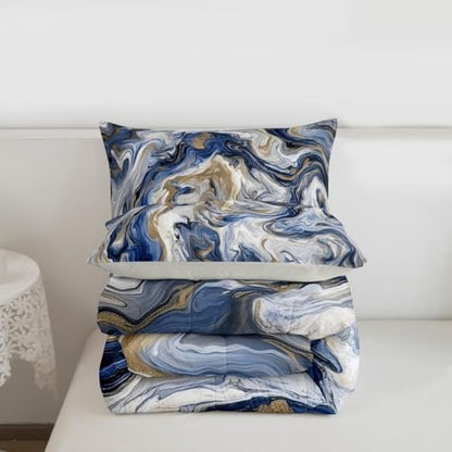 jejeloiu Blue Gray Gold Marble Bedding Set Soft for Boys Girls, Modern Marble Aesthetic Comforter Set King Size Retro Watercolor Duvet Quilt Abstract Texture Bedroom Decor 3 Pcs with 2 Pillow Cases
