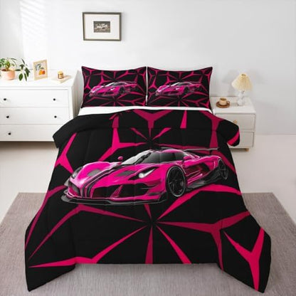 Castle Fairy Modern Race Cars Twin Size Comforter Set,Pink Racing Car Duvet Set Soft Bed Collection,Extreme Sport Abstract Geometric Lines Bedding Comforter for Boys Girls Bedroom,2 Pcs