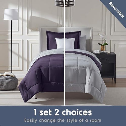 Nestl 7 Piece Twin XL Comforter Set – Purple Reversible Bed in a Bag – Complete Twin XL Size Bedding Set with Sheets, Set of 2 Down Alternative Pillows, Pillowcase and Sham