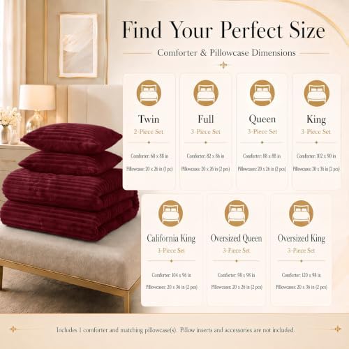CozyLux Fleece Queen Comforter Set, 3 Piece Winter Warm Dark Red Bedding