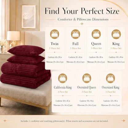 CozyLux Fleece King Size Comforter Set, 3 Piece Warm Dark Red Bedding