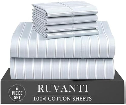 RUVANTI 100% Cotton Queen Sheets, Percale Queen Sheet Set, Horizon Stripes