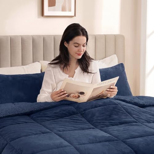 Fluffy Sherpa King Comforter Set, Thick Bedding Set 3 Pieces, Navy