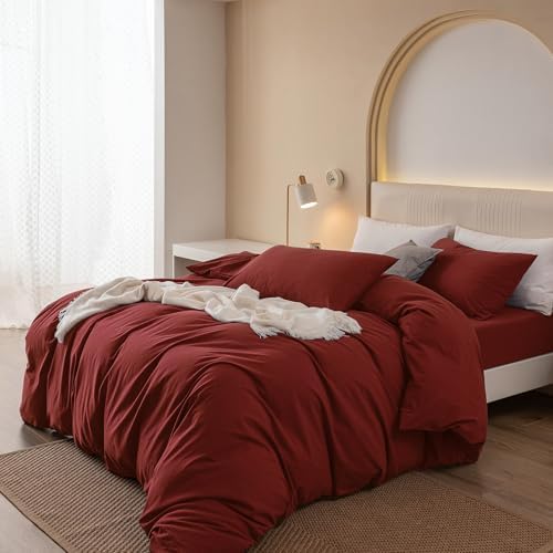 JIYUAN Queen Washed Cotton Duvet Cover Set, 3-Piece, Relaxed Linen Feel