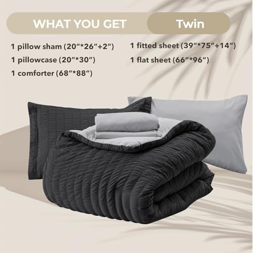 HYMOKEGE Black/Light Grey Twin Comforter Set Seersucker 5 Pieces, All Season Luxury Bed in a Bag for Bedroom, Bedding Set with Comforter, Sheets, Pillowcase & Sham