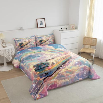 Homewish Rainbow Train Comforter Set King Size,Colorful Cloud Sky Bedding Set 3Pcs for Kids Girls Boys Teens Room Decor,Rail Transit Vehicle Quilt Set Dreamy Fairy Tale Duvet Insert,2 Pillowcases