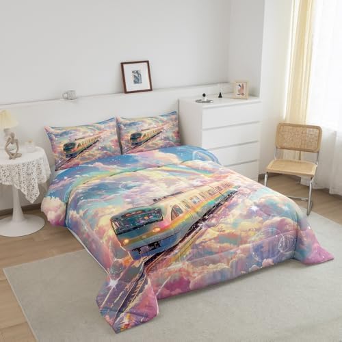 Homewish Rainbow Train Bedding Set Queen Size,Colorful Cloud Sky Comforter Set 3Pcs for Kids Girls Boys Teens Room Decor,Rail Transit Vehicle Quilt Set Dreamy Fairy Tale Duvet Insert,2 Pillowcases
